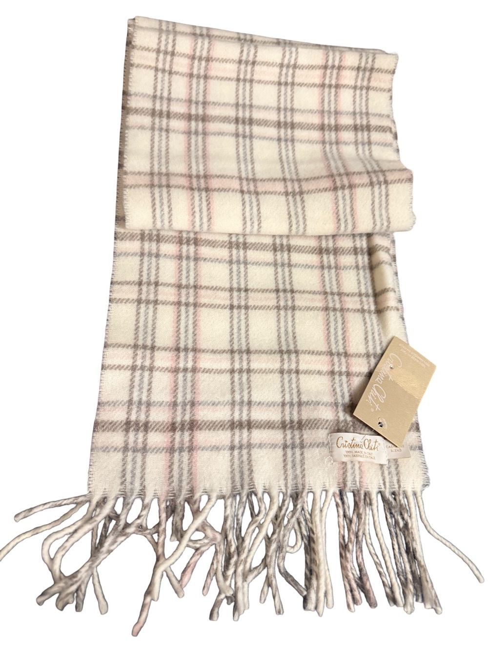 Cristina Chiti cream and grey plaid wool-cashmere blend scarf made in Italy